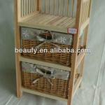 varnished pine wood cabinet with willow baskets