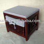 WOODEN STORAGE STOOL WITH WILLOW BASKET