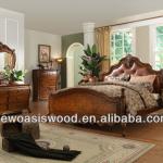 King Size Antique Bedroom Birch Wood and leather Bed with manual carving