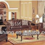 Deluxe traditional leather and PVC sofa set with tufted back and show wood