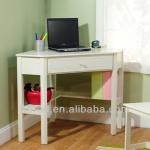 White wooden corner desk with storage board