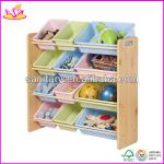 2013 new children wooden bin organizer toy storage rack with 12pcs plastic bins W08C039