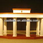 Opened Wooden church pedestal pulpit/white finished pulpit front with a cross/top and base with oak finished