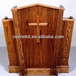 Wooden church pulpit with top sharp and front center with a cross/winged church oak wood pulpit