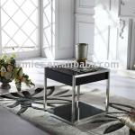 tempered square glass corner table with stainless steel frame and wooden drawer
