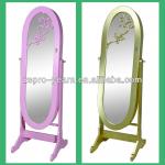 Oval Applique Wooden Mirrored Jewelry Cabinet with Door Lock and LED Light