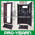 Double Door Big Wooden Mirrored Jewelry Cabinet with Base below and Cosmetic Mirror inside