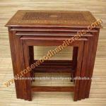 Wooden Hand Carved Nesting Table With Brass Inlay Work