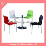 Round clear glass chrome plate dining table and PVC dining chair dining set SDS-101