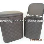 fashionable hand woven plastic storage stool and ottoman s/2 made with wooden frame, pu leater,fabric,sponge