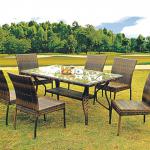 Modern Wicker PE Rattan Outdoor Patio Dining Table Set, with Chair&#39;s, Ottoman&#39;s, and Glass Table...-HY4039